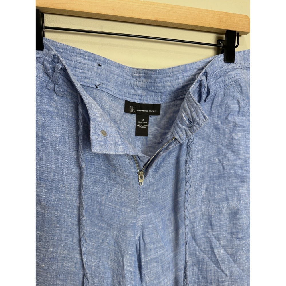INC 100% Linen Wide Leg Pants Braided Belt Jewel Button Blue Coastal Chambray - Picture 7 of 9